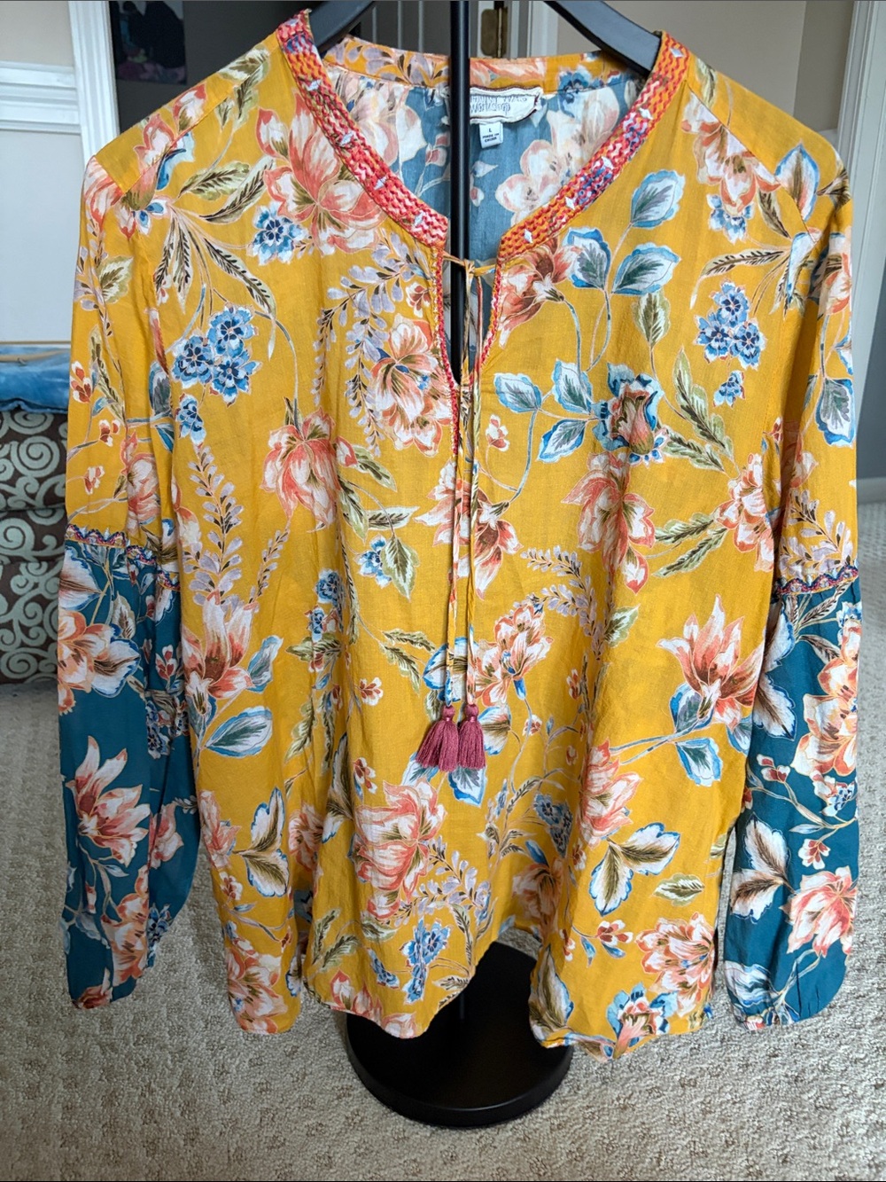 Floral Tassel Tie Neck Blouse - Mustard/Teal